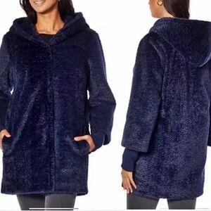 LAURIER FAUX FUR HOODED TEDDY JACKET COAT STORM SLEEVES NAVY BLUE SZ 1X